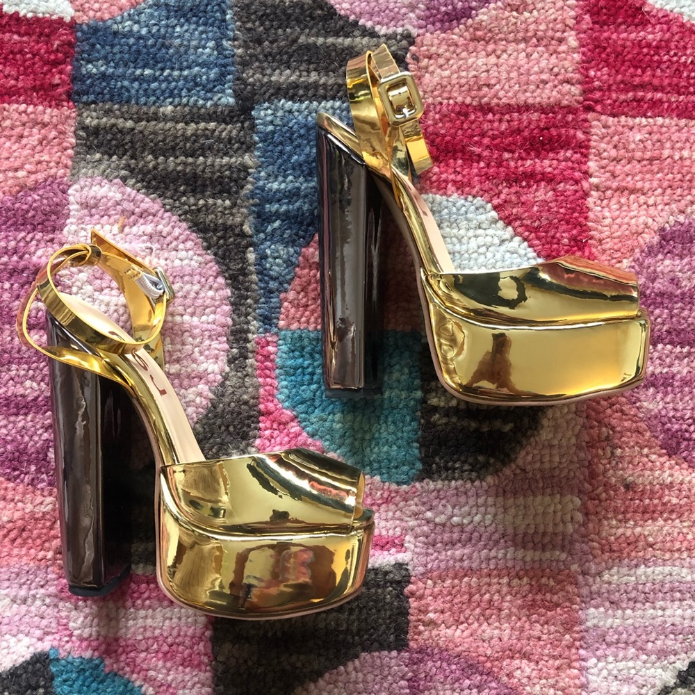Gold platform peep toe heels with ankle strap